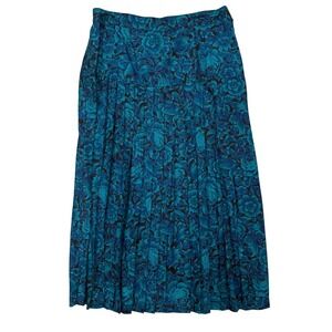 Vintage Teal Floral Pleated Midi Skirt High Waist Womens Cottagecore Made in USA